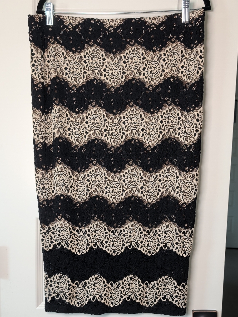 Soprano Black and Cream Lace Stripe Pencil Skirt - Picture 2 of 6